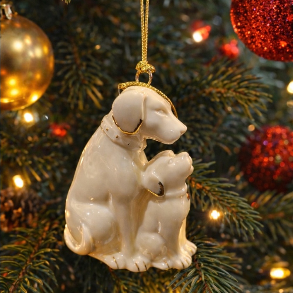 MIKASA Christmas Ornament 2 Dogs White Ceramic Puppy